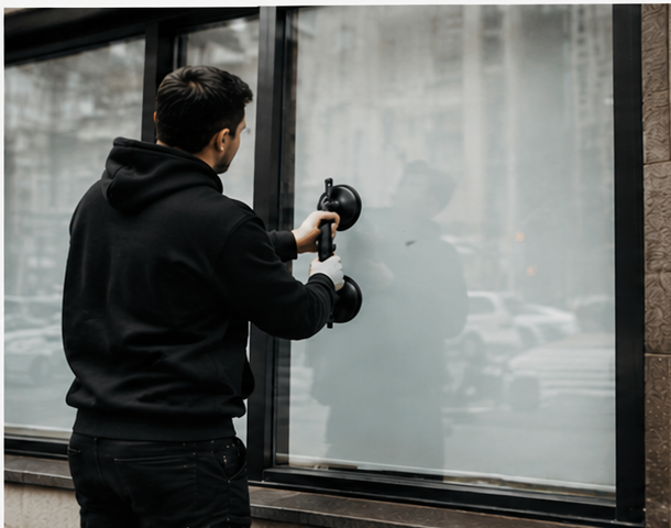 A technician in a black hoodie using suction cups to remove a glass panel during a window balance repair service in New York City.